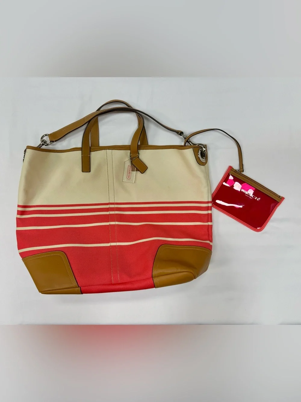 Coach Cream and Coral Stripe Canvas Tote with Tan Leather Trim